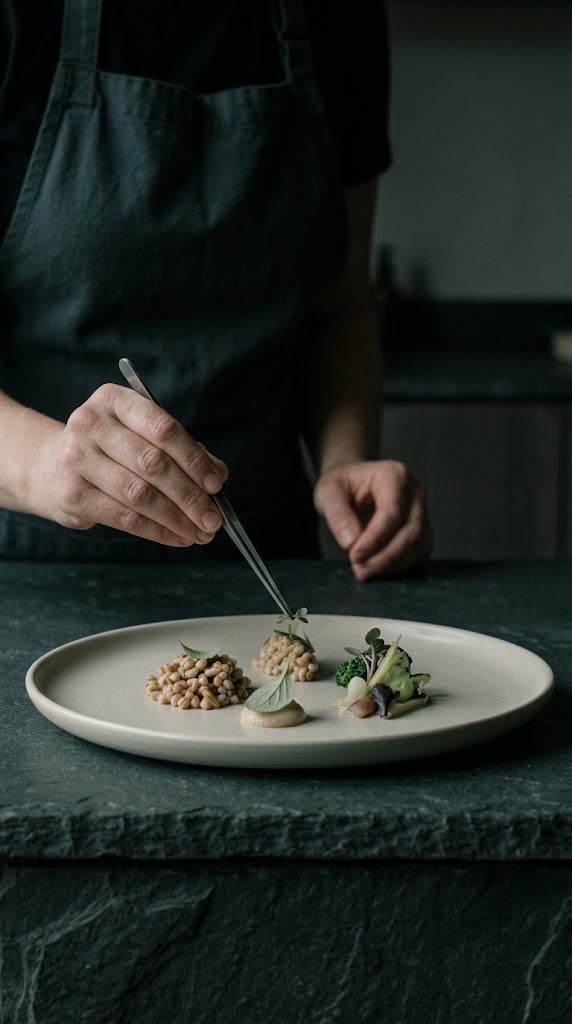 A chef's hands finishing a plate