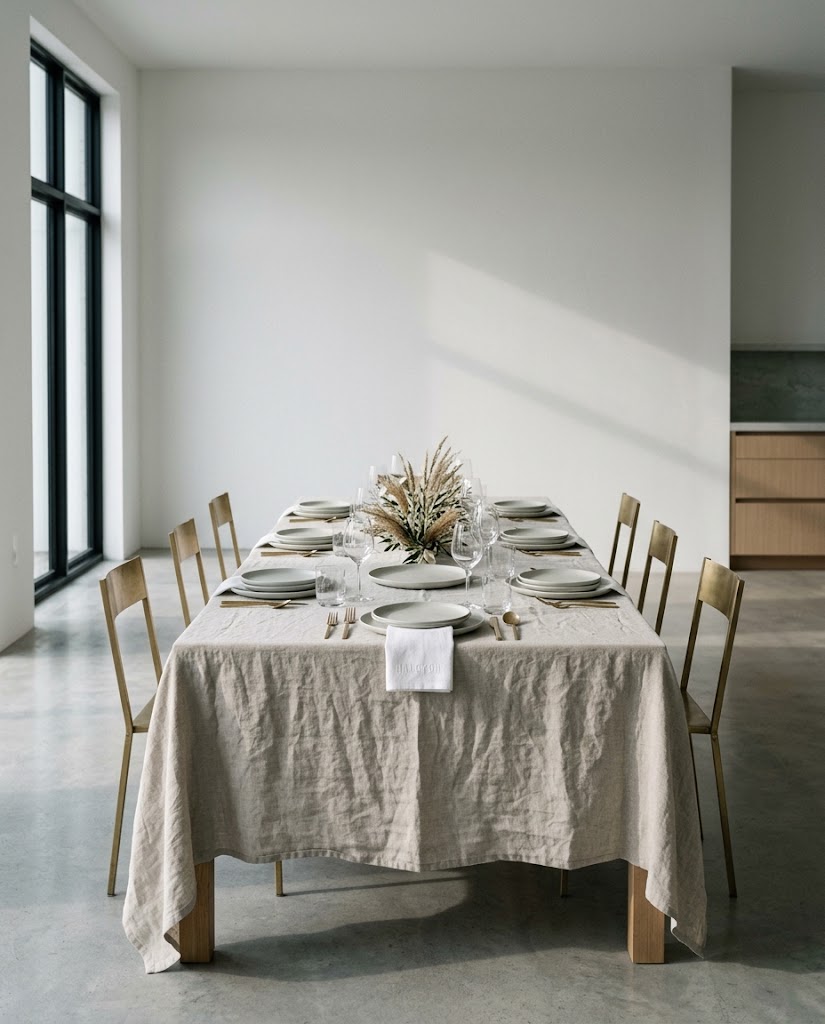 A dinner table set with linen, ceramic plates and brass cutlery
